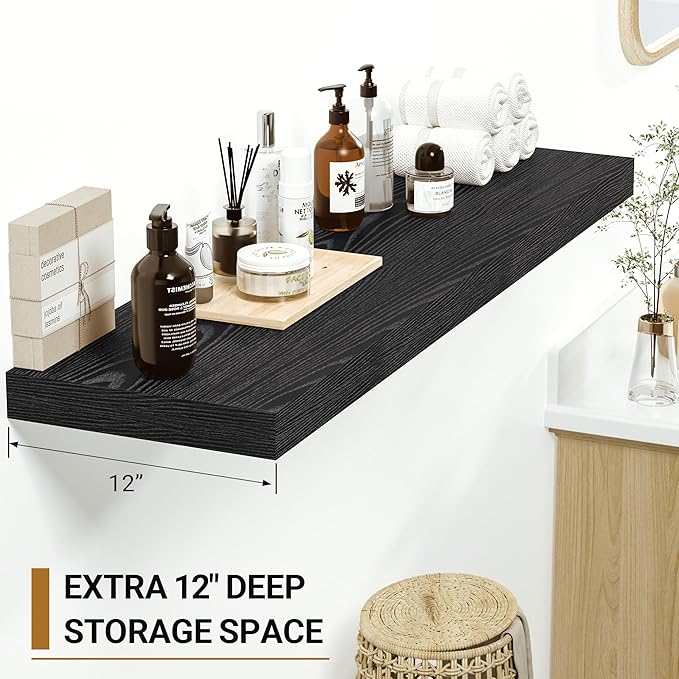 Vivelove Black Floating Shelves 24 Inches Wide, 12" Deep Wall Shelves for Bedroom, Bathroom, Living Room, Kitchen, Office, Rustic Home Decor Shelf with Invisible Brackets, 23.6X12X 1.5, Set of 2