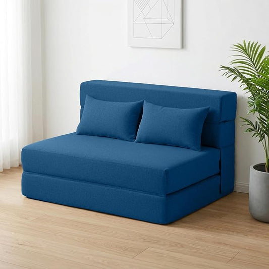 SUYOLS Folding Sofa Bed with Pillow- Convertible Chair Floor Couch & Sleeping Mattress, Foldable Memory Foam Sleeper for Living Room/Dorm/Guest Room/Home Office/Apartment/Loft,Twin,Navy Blue