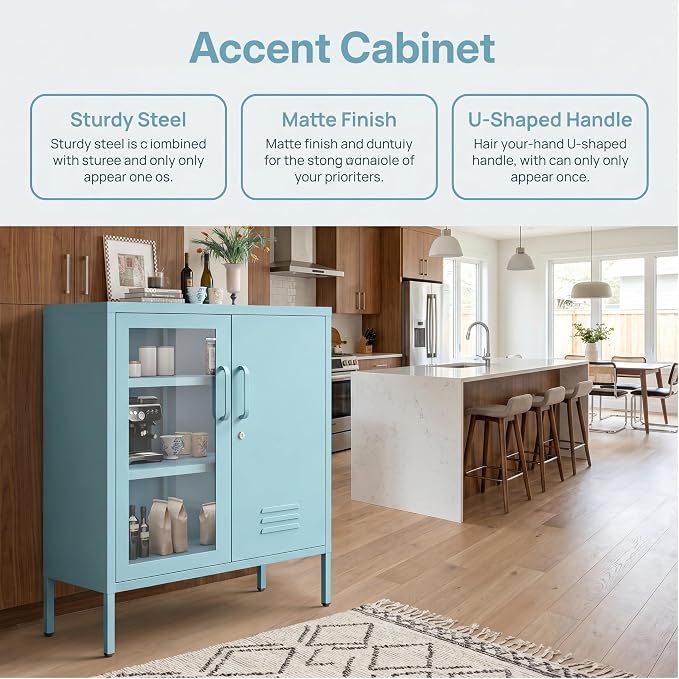 Locking Steel Storage Cabinet Shoe Cabinet for Living Room Bathroom Kitchen Left Glass Door Right Iron Door Blue Size：33" H x 29.5" W x 13.8" D