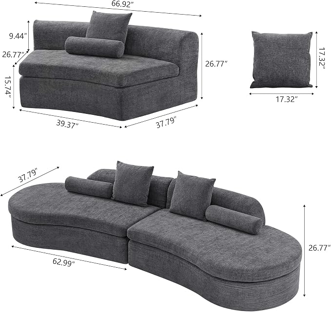 AVZEAR Curved Modular Sectional Sofa, Chenille Upholstered Cloud 6 Seater Couch for Living Room, No Assembly Modern Love Seat Sofa with 3 Bolster Pillows & 3 Square Pillows, High-Density Foam, Gray