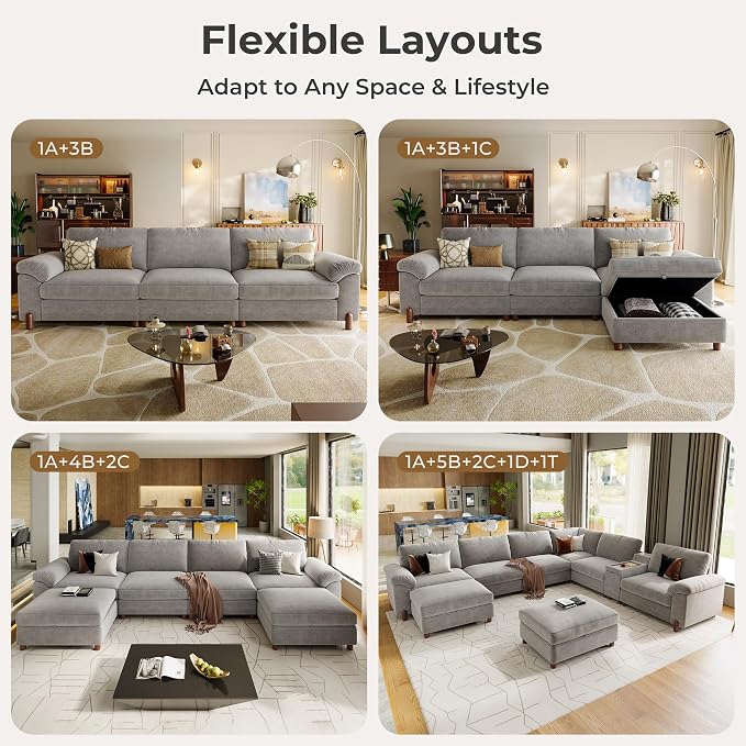 SITJOY Large Cloud Couch, 146" Wide 3 Seater Bed with Console, Light Gray | Detachable and Washable Chenille Cover Sectional Sofas for Living Room, Deep Seat Wide Couch with Chaise, Storage Ottoman