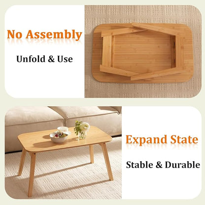 Baveke Folding Coffee Table- Foldable Floor Tables, Mid Century Coffee Table for Living Room, Small Coffee Tables Solid Wood Japanese Low Table for Sitting on Floor, No Assembly, 31.5''-Natural