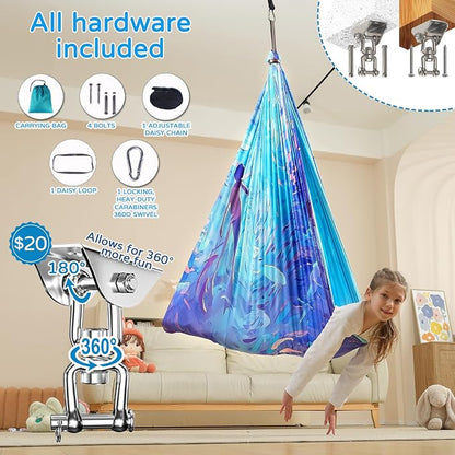 Sensory Swing for Kids Indoor & Outdoor Double Layer Therapy Cuddle Hammock Chair with 360 Swivel Hanger Kit Adjustable Swing for Child and Adult with Aspergers Autism ADHD (Cerulean)