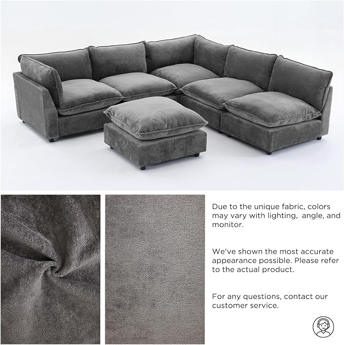 Iroomy Modular Sectional Sofa, Oversized Chenille Cloud Couch, Deep Comfy Seat, 6-Seater Sofas Couches for Living Room, Dark Grey