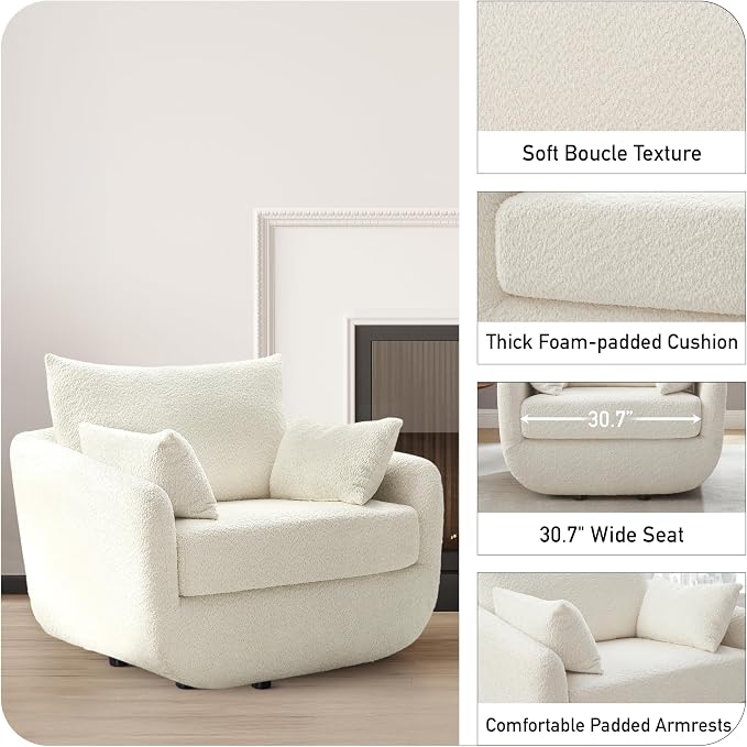 360° Swivel Accent Armchair, 39.3" Oversized, Sherpa Boucle Fabric Sofa Chair with Removable Back & Arm Pillows, Swivel Chair with Cozy Soft Padded (1, Cream White)