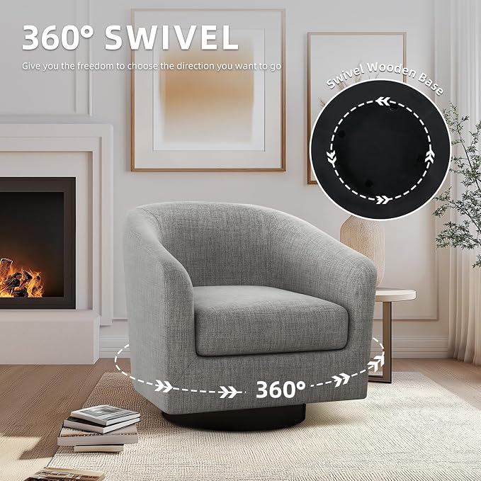 360° Swivel Accent Chair, Fabric Barrel Club Chair Upholstered Armchair for Living Room, Round Arm Chair Bedroom Single Sofa Reading Seat - Flax Gray