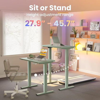 HUANUO 32x19 Inch Small Electric Standing Desk, Adjustable, Sage Green | Compact Home Office Desk, 176lbs heavy duty lifting with 4 height presets. M8 screw holes ready for DIY mobile wheels