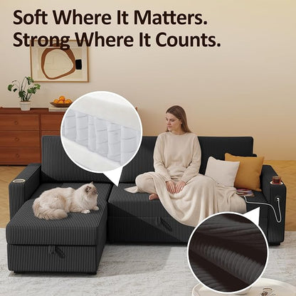 Ball & Cast 80" Sectional Sleeper Sofa Bed Pull Out Couches for Living Room | L Shaped Convertible Pull Out Sofa Bed with Storage Chaise, Foldable Table, USB Port, Cup Holder, Side Pocket for Small Space