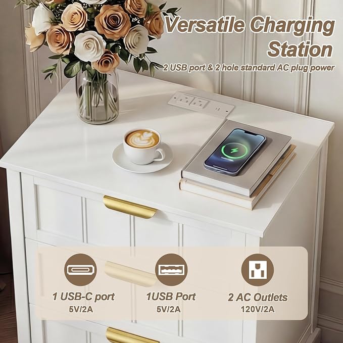 ChooChoo White Nightstand Set of 2, 3 Drawer Night Stand with Charging Station, Larger Bedside Table with USB-C, Modern End Table with Storage for Bedroom