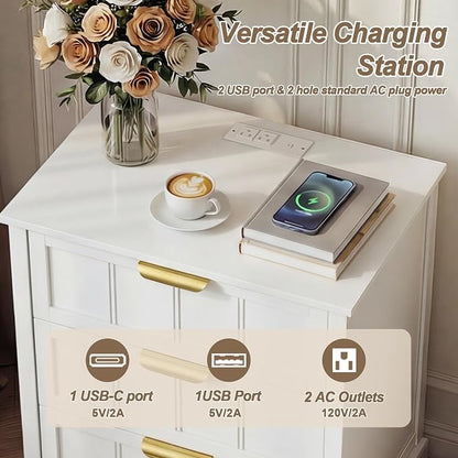 ChooChoo White Nightstand Set of 2, 3 Drawer Night Stand with Charging Station, Larger Bedside Table with USB-C, Modern End Table with Storage for Bedroom
