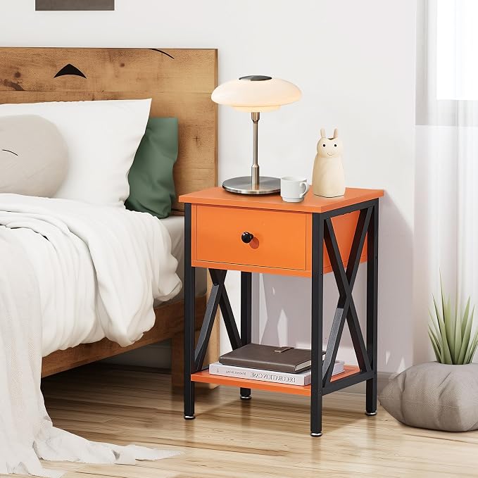 VECELO Nightstand,Modern Bedside End Table, Night Stand with Drawer and Storage Shelf for Living Room Bedroom, Industrial Metal Frame