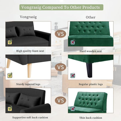 Vongrasig 48" Small Modern Loveseat Sofa, Mid Century Soft Corduroy Fabric 2-Seat Sofa Couch Tufted Love Seat with Back Cushions and Tapered Legs for Living Room, Bedroom and Small Space (Black)