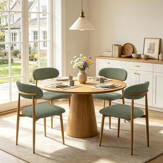FREKEN Modern Upholstered Dining Chairs Set of 4, Mid-Century Metal Frame with Wood Grain, Linen Fabric Side Chair for Kitchen Dining Room, 350lbs Capacity, Green