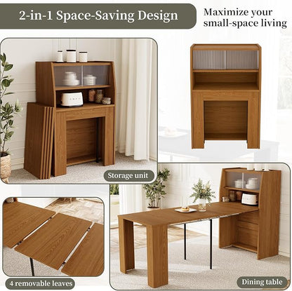 HIPIHOM 86.6" Extendable Kitchen Table Set for 6, Storage Cabinet | Space-saving Extendable MDF Dining Set with 6 Brown Chairs, Family Meal, Apartment, Small Room