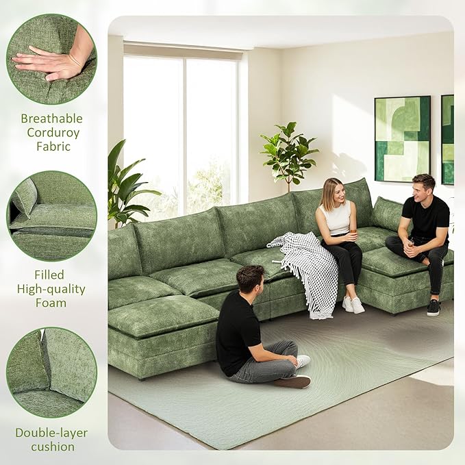 LEVELEVE 147" U-Shape Modular Sofa with 2 Ottomans, Deep Seat Cloud Convertible Sleeper, 2 Arm Pillows, Comfortable Large Upholstered Furniture for Living Room Apartment, Green