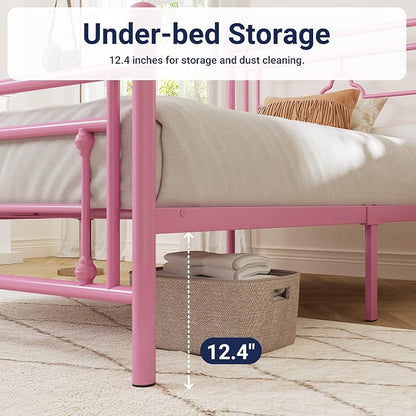 Allewie Twin Size Metal Platform Bed Frame with Victorian Vintage Headboard and Footboard/Mattress Foundation/Under Bed Storage/No Box Spring Needed/Noise-Free/Easy Assembly, Pink