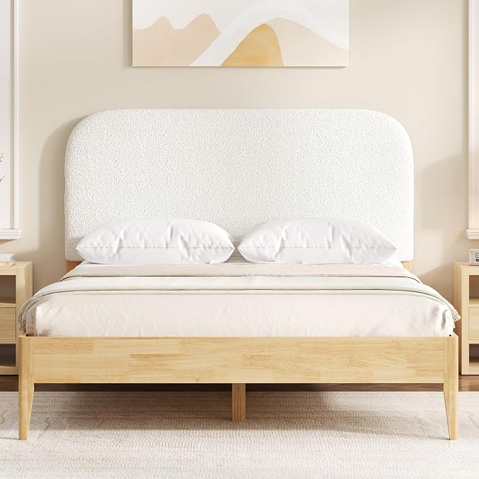 KISLOT Wood Bed Frame with USB & Type-C Charging, Boucle Platform Bed with Upholstered Headboard Mattress Foundation No Box Spring Needed Easy Assembly