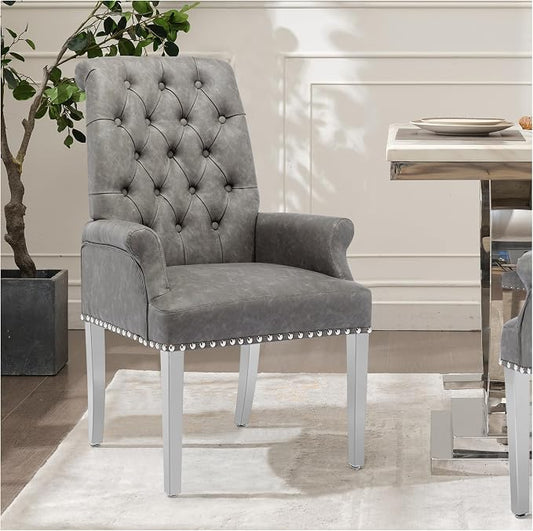 AODCHR Upholstered PU Leather Accent Dining Chair, Elegant Tufted Dining Room Kitchen Room Arm Chair with Stainless Steel Leg, Grey
