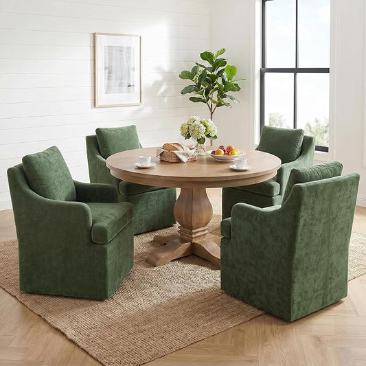 VKNOW Upholstered Dining Chairs Set of 4, Modern Kitchen Chairs Dinner Chairs with 4 Casters, Chenille Armchair for Bedroom Reading Room Living Room, Green