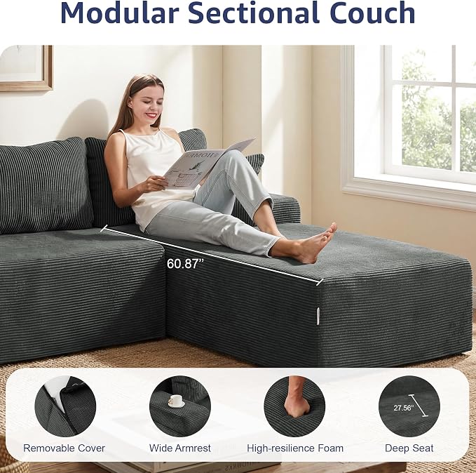 Hobestluk Modular Sectional Sofa Couches L-Shape Couch 3 Seat Modular Sofa Memory Foam Sectional Couches for Living Room, Cloud Couch with Oversized Chaise (Grey Corduroy, 108", Right Hand Facing)