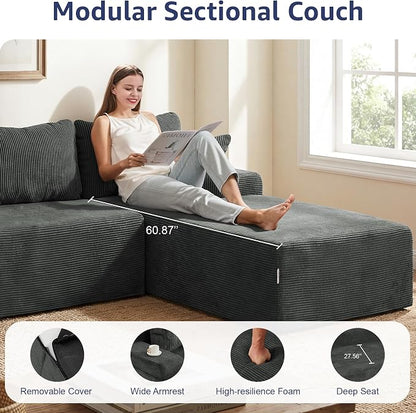 Hobestluk Modular Sectional Sofa Couches L-Shape Couch 3 Seat Modular Sofa Memory Foam Sectional Couches for Living Room, Cloud Couch with Oversized Chaise (Grey Corduroy, 108", Right Hand Facing)