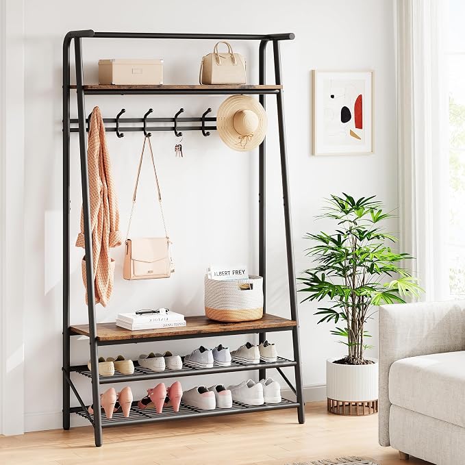 Jojoka Coat Rack Hall Tree with Shoe Storage Bench, 4-in-1 Entryway Organizer with 10 Hooks & 3-Tier Shoe Rack, Sturdy Metal Frame Freestanding Storage Unit for Hallway (Brown-Single Row, 39.4in)