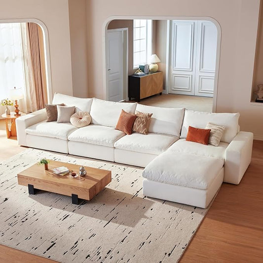 Cloud Couch Sectional 146.5'' Oversized Modular Deep Seat Sofa L Shaped Comfy White Cloud Couch with Washable Cover for Living Room 4 Seater with 1 Ottoman