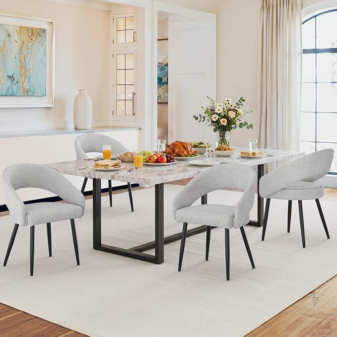 LUE BONA Modern Dining Chairs Set of 4, Upholstered Armrest Side Chairs for Kitchen & Dining Room, 18.5" Seat Height, Comfortable Curved Hollow Backrest, Black Metal Legs, Easy Assembly, Light Grey