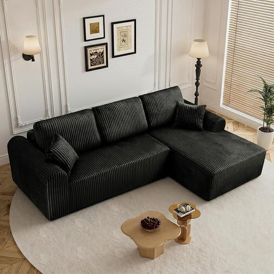 110" L Shaped Boneless Sectional Couches for Living Room, Comfy Corduroy Floor Cloud Sofa with Chaise, Wide Armrest, Deep Seat, Memory Foam, Assembly Free, Ideal for Small Spaces, Black