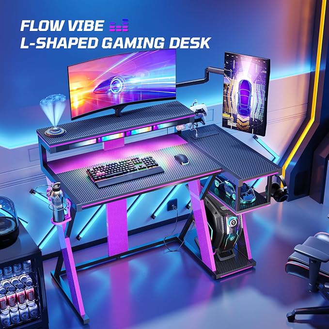 Bestier Computer Desk with Music Sync Light, Flow Vibe Corner Gaming Desk with Monitor Stand and PS5 Storage Shelves, Cup Holders, and Headset Hooks for Bedroom Small Space (Black Purple, 42 Inch)