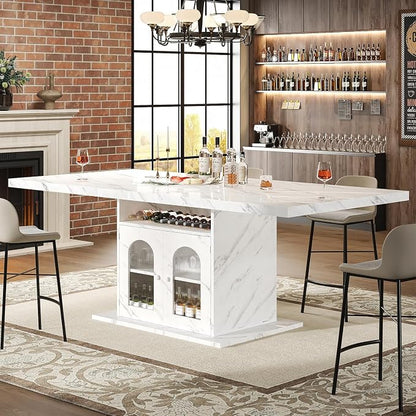 HSH Dining Table for 4–6, 63" Modern Kitchen Dining Room Table with Storage Shelves & Acrylic Door Cabinet,Wood Rectangle Dinner Table with Faux Marble Top for Home Apartment, White Faux Marble