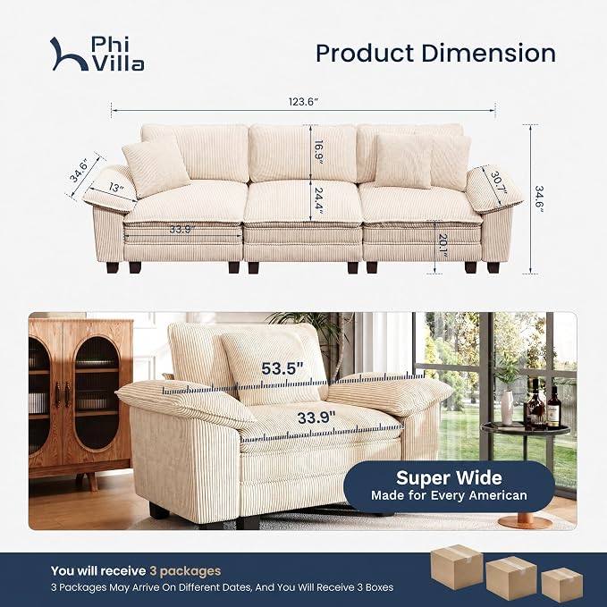 PHI VILLA Modern Modular Couches Sets, 123.6" Cloud Sectional Sofa with Upholstered Deep Seat, 3-Seater Couch for Living Room Small Spaces, Corduroy Fabric, Beige