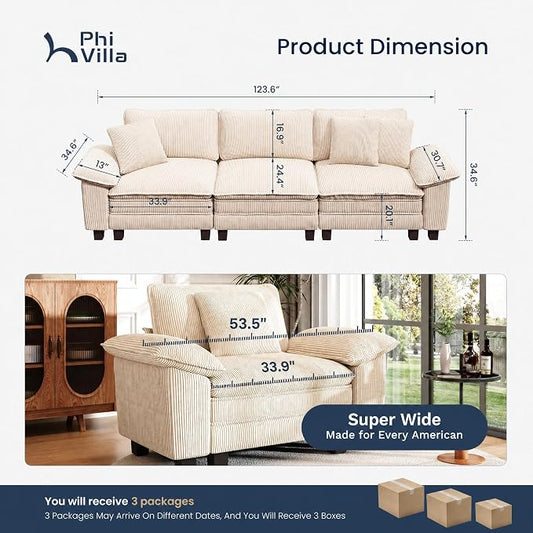 PHI VILLA Modern Modular Couches Sets, 123.6" Cloud Sectional Sofa with Upholstered Deep Seat, 3-Seater Couch for Living Room Small Spaces, Corduroy Fabric, Beige
