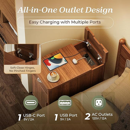 Huuger Narrow End Table with Charging Station, USB-C Port, Fluted Nightstand with Storage Cabinet, Back Rack, Farmhouse Side Table for Small Spaces, 13.4 × 23.6 Inch Night Stand, Walnut