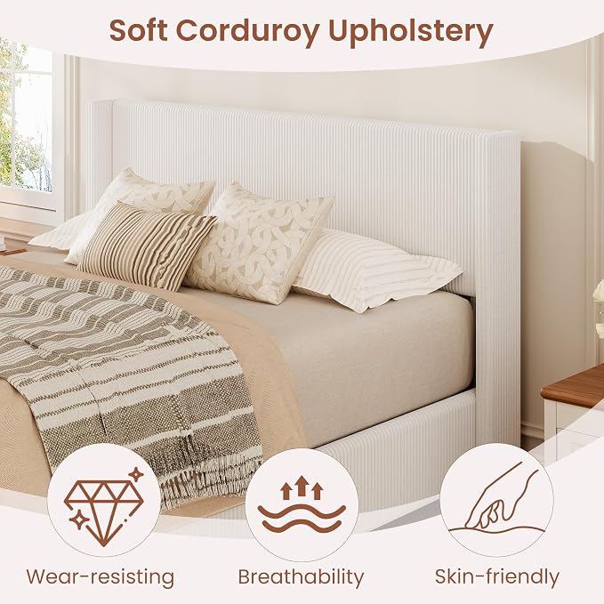 Garvee Queen Lift Up Storage Bed Frame, Corduroy Upholstered Platform Bed with Gas Lift, Padded Headboard, Wooden Slat Support, No Box Spring Needed, Easy Assembly, White