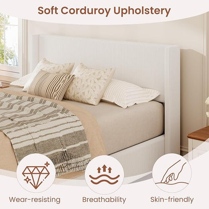 Garvee Queen Lift Up Storage Bed Frame, Corduroy Upholstered Platform Bed with Gas Lift, Padded Headboard, Wooden Slat Support, No Box Spring Needed, Easy Assembly, White