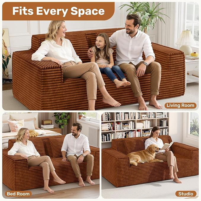 75'' Modern Cloud Loveseat Sofa Set of 2, No Assembly Required Comfy Deep Seat Couches 2 pcs for Living Room, Bedroom, Apartment (Corduroy-Brown)