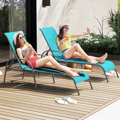 Giantex 2 Pack Patio Lounge Chair, Outdoor Chaise Lounge with 5 Adjustable Backrest, Sturdy Steel Frame, Sunbathing Recliner, Tanning Chair for Beach, Outside, Yard, Balcony, Pool Chairs (2,Turquoise)