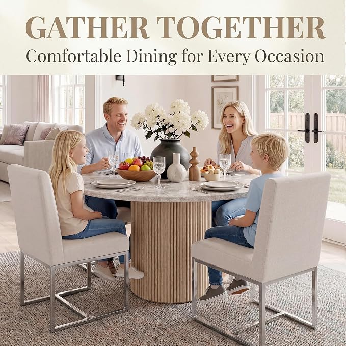 HNY Modern Dining Chairs Set of 6, Upholstered Linen Dining Room Chairs with Ergonomic Back & Polished Silver Metal Frame for Home, Kitchen, Apartment, Cream