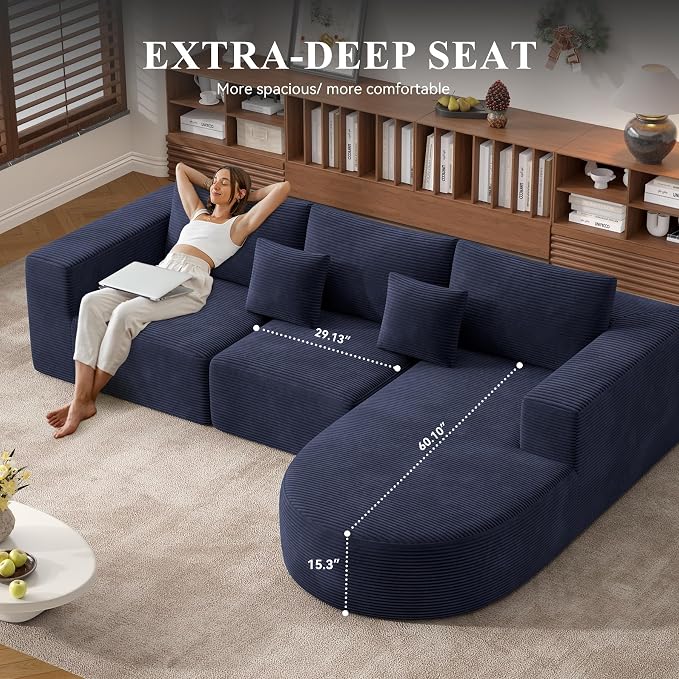 L-Shaped Boneless Couch,104" Couches for Living Room with Curved Chaise,Modular Sectional Sofa with Deep Seat,Modern Cozy Cloud Compression Sofas,No Assembly Required(Blue) 1PCS