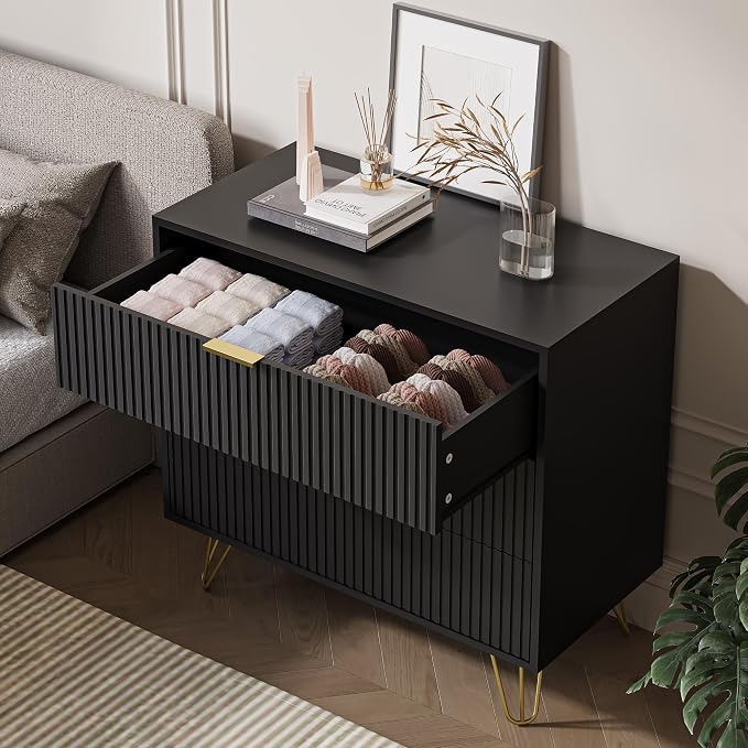 MAISONARIA Black 3 Drawer Dresser for Bedroom, Modern Closet Dressers Chest of Drawers, Fluted Dresser Chest Cabinet with Gold Metal Handles, Nightstand for Bedroom, Living Room, Hallway, Entryway