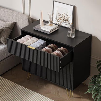 MAISONARIA Black 3 Drawer Dresser for Bedroom, Modern Closet Dressers Chest of Drawers, Fluted Dresser Chest Cabinet with Gold Metal Handles, Nightstand for Bedroom, Living Room, Hallway, Entryway