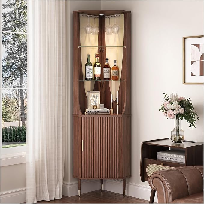 JOINICE Tall Corner Bar Cabinet for Liquor,Mid-Century Modern,Walnut,70" | Fluted Cabinet Door,Glass Shelves,Wine Cabinet for Living Room, Kitchen,Dining Room,Easy Assembly,Fit for Small Apartment