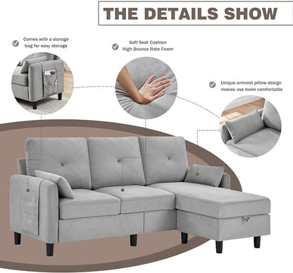 Convertible Sectional Sofa, 77" Small L Shaped 3 Seat Couch with Reversible Storage Chaise, Modern Polyester Fabric Sofa Couches for Living Room, Apartment and Small Space