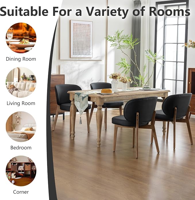 YOUNIKE Dining Chairs Set of 4 Modern Kitchen Dining Room Chairs Black | Faux Leather Upholstered Armless Side Accent Chair with Back Wide Padded Seat Wooden Leg, Soft, Waterproof, Comfortable