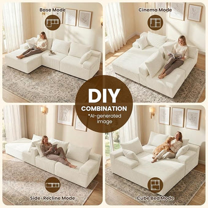 kinmars 108" Boneless Sectional Couch,Corduroy Cloud Couch Sectional for Living Room,Modern L Shaped Modular Sectional Couch,3 Seater Sofa (Beige, 108.9" L Shaped with Left Facing Chaise)