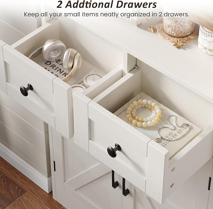 Befrases Farmhouse White Storage Cabinet with Doors and Drawers, Freestanding Kitchen Pantry Cabinet, Floor Storage Cabinet Hutch Cupboard for Kitchen, Living Dining Room, Bathroom