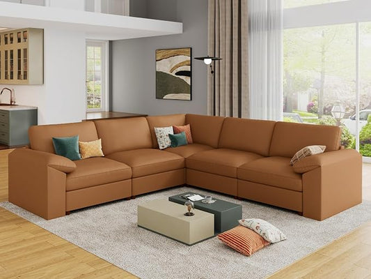 EASE MOOSE Oversized Modular Sectional Couch with Ottoman, Faux Leather Sectional Sofa with Deep Seat, Scratch Resistant Faux Leather Material, Extra Large L Shaped Couch,Brown