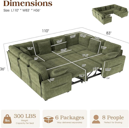 Ihanherry 8-Seater Large Sectional Sofa Bed with Storage Lovescat, Corduroy Modular Sleeper Sofa with USB Port & 6 Pillows, 110" U-Shaped Convertible Couch for Large Living Room（Green）