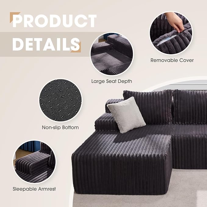Hobestluk Boneless Couch Modular Sectional Sofa L-Shape Cloud Couch Lounge | 96" Left Facing Chaise Darkgrey,Memory Foam,Removable Cover,Non-slip Bottom,No Assemble Required,Furniture for Small Home
